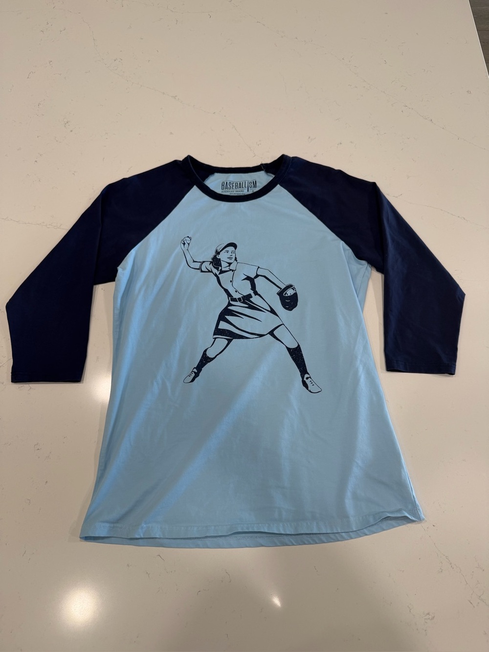 Baseballism Women's Light Blue & Navy Raglan Long Sleeve Tee - Medium